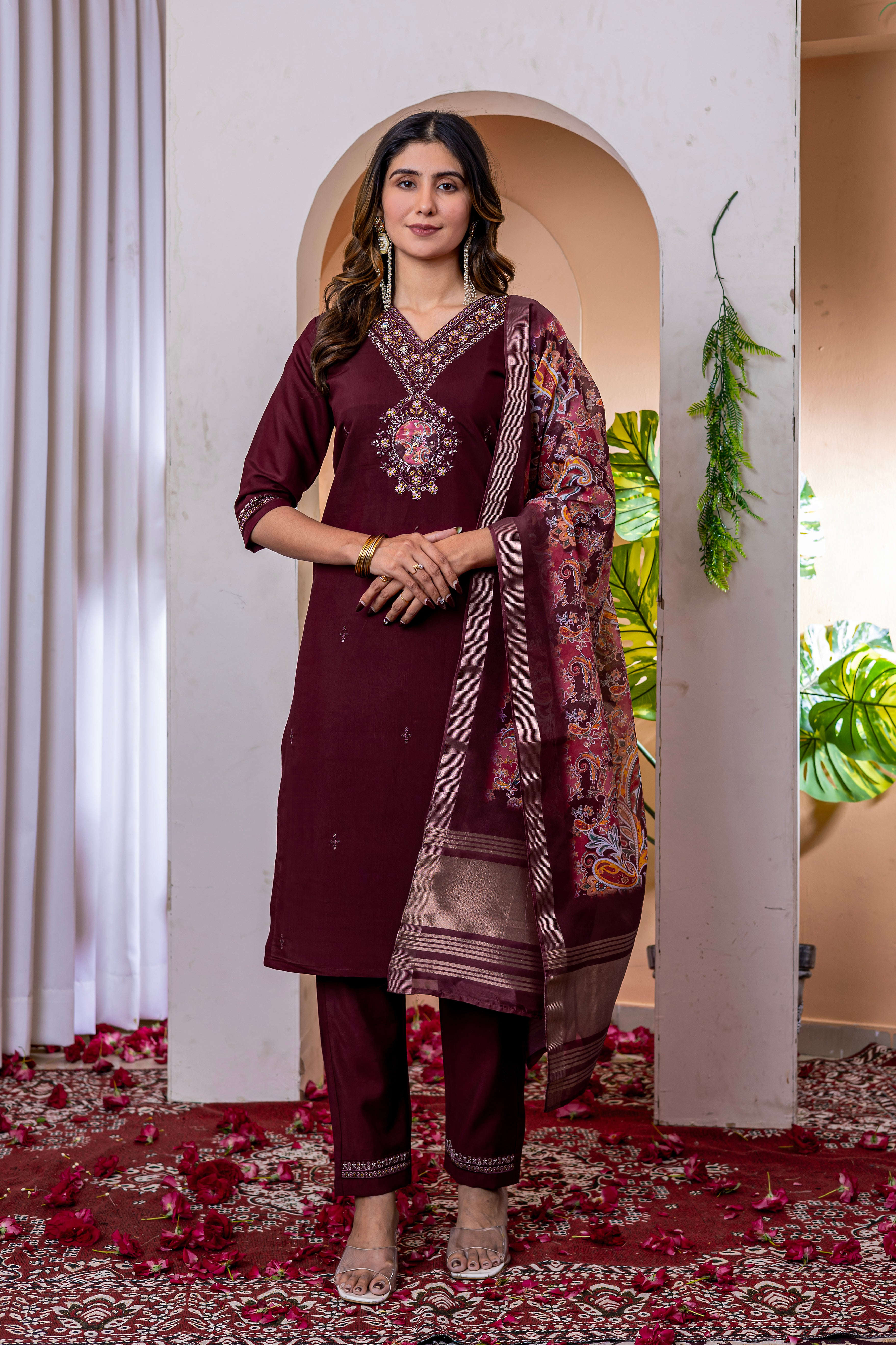 Elegant Straight Kurti Pant Dupatta Set KADV-112 - Wine Kalikar