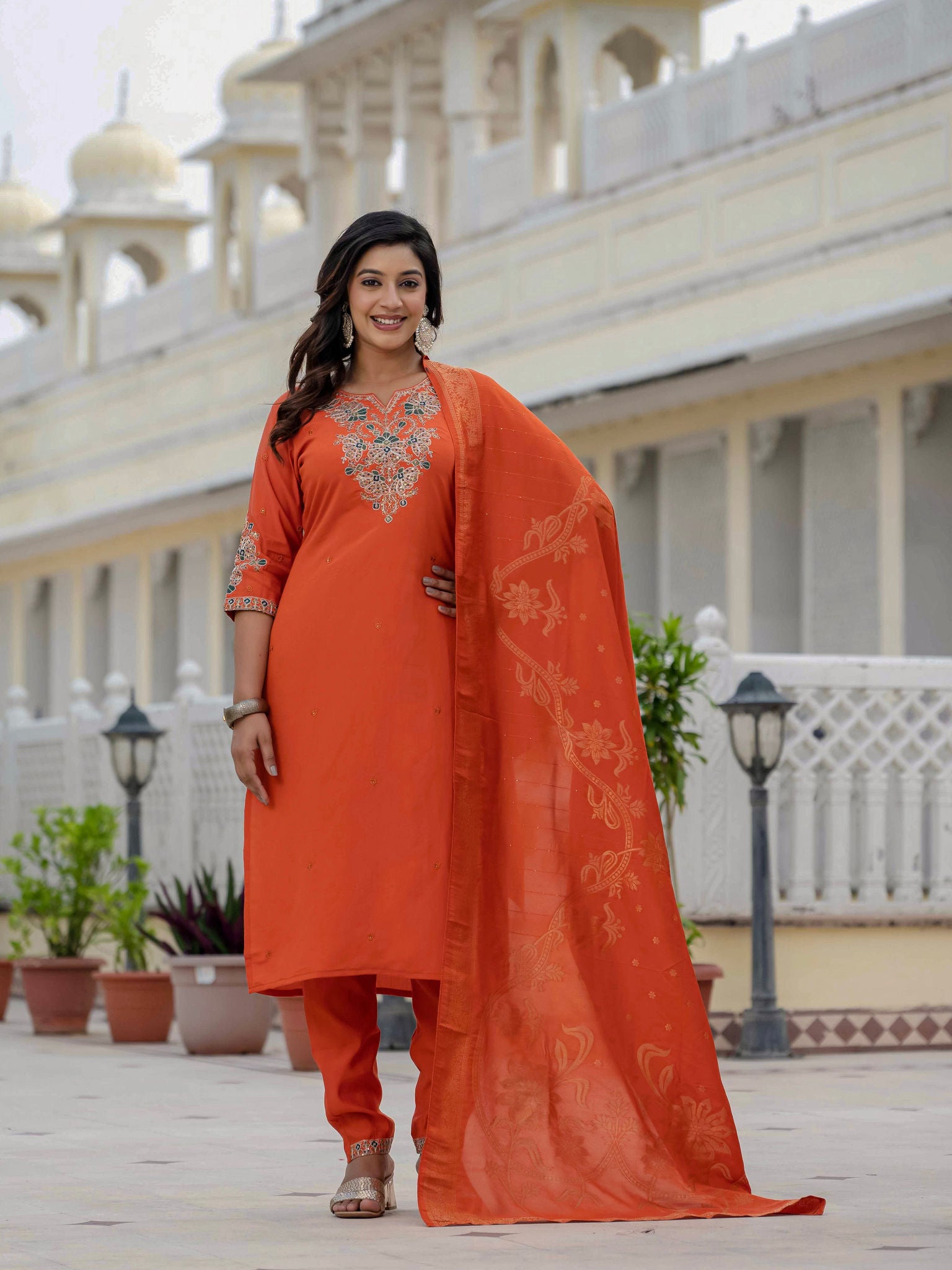 Elegant Straight Kurta Set KADV-121i- Orange Kalikar