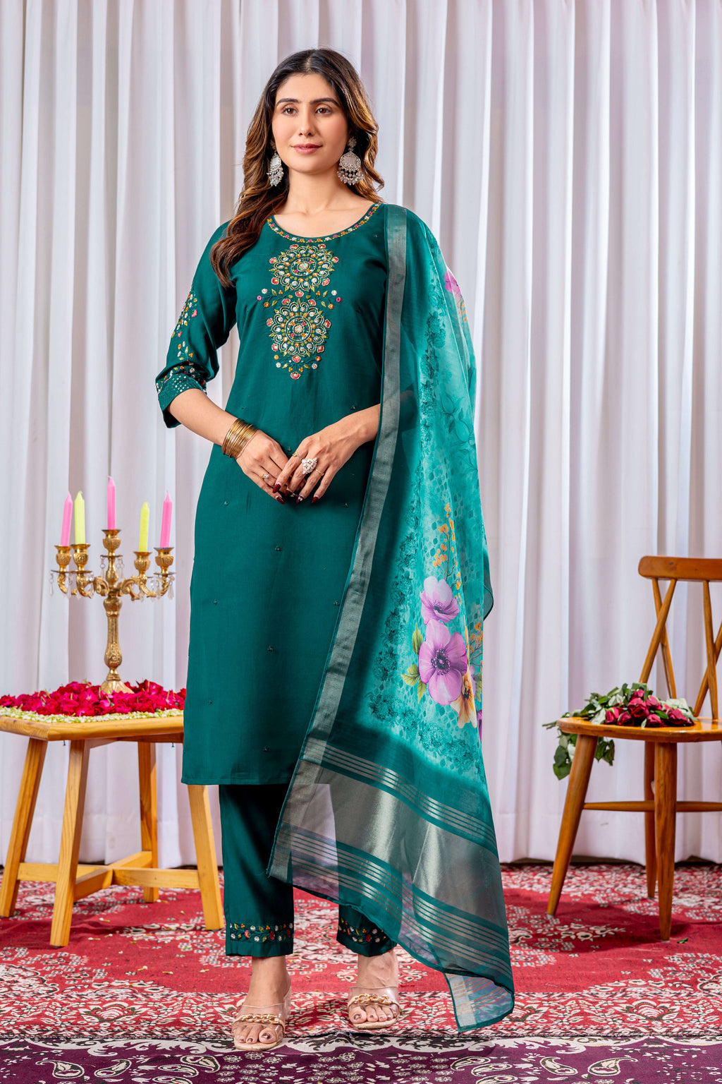 Elegant Straight Kurti Pant Dupatta Set KADV-111 -Green Kalikar