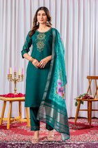 Elegant Straight Kurti Pant Dupatta Set KADV-111 -Green Kalikar