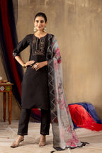 Elegant Straight Kurti Pant Dupatta Set KADV-108 - Black Kalikar