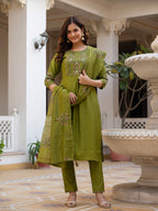 Elegant Straight Kurti Pant Dupatta Set of Green