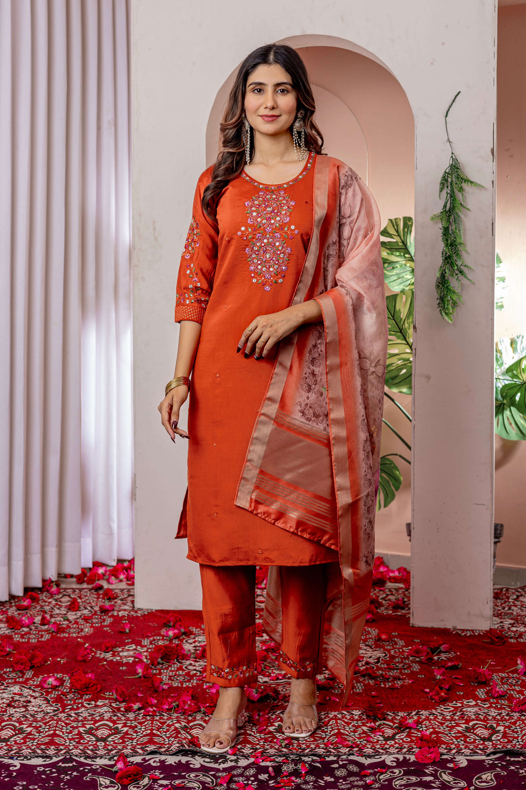 Elegant Straight Kurti Pant Dupatta Set KADV-111 -Orange Kalikar