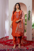 Elegant Straight Kurti Pant Dupatta Set KADV-111 -Orange Kalikar
