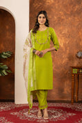 Elegant Straight Kurti Pant Dupatta Set - Parrot Green Kalikar