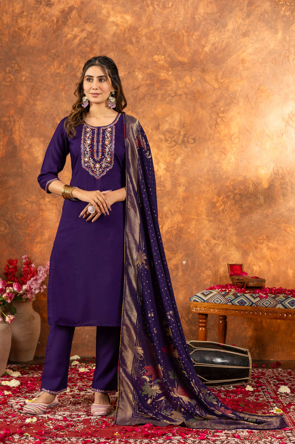 Elegant Straight Kurti Pant Dupatta Set KADV-103 - Purple Kalikar