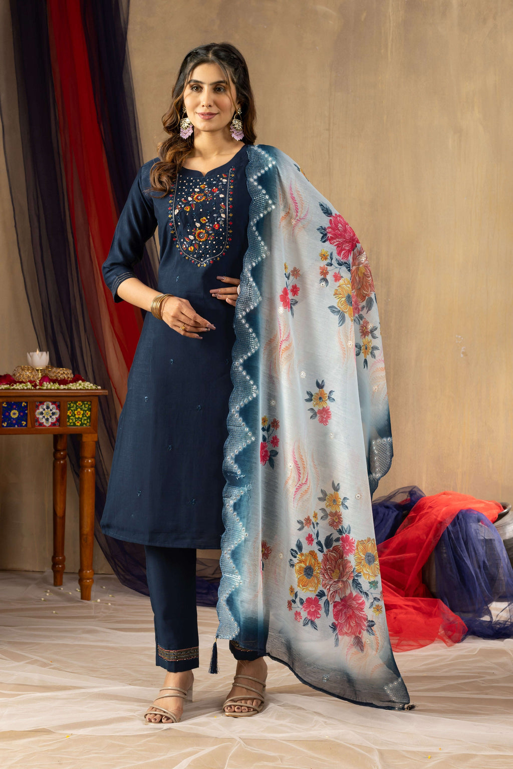 Elegant Straight Kurti Pant Dupatta Set KADV-105 - Clay Kalikar