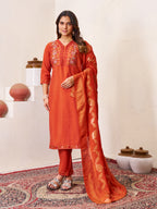 Elegant Straight Kurti Pant Dupatta Set of Rust