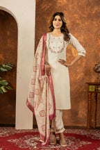 Elegant Straight Kurti Pant Dupatta Set-Off White Kalikar