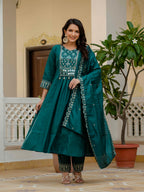 Elegant Straight Kurti Pant Dupatta Set of Teal