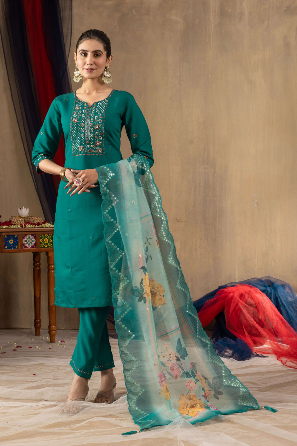 Elegant Straight Kurti Pant Dupatta Set KADV-108 - Rama Green Kalikar
