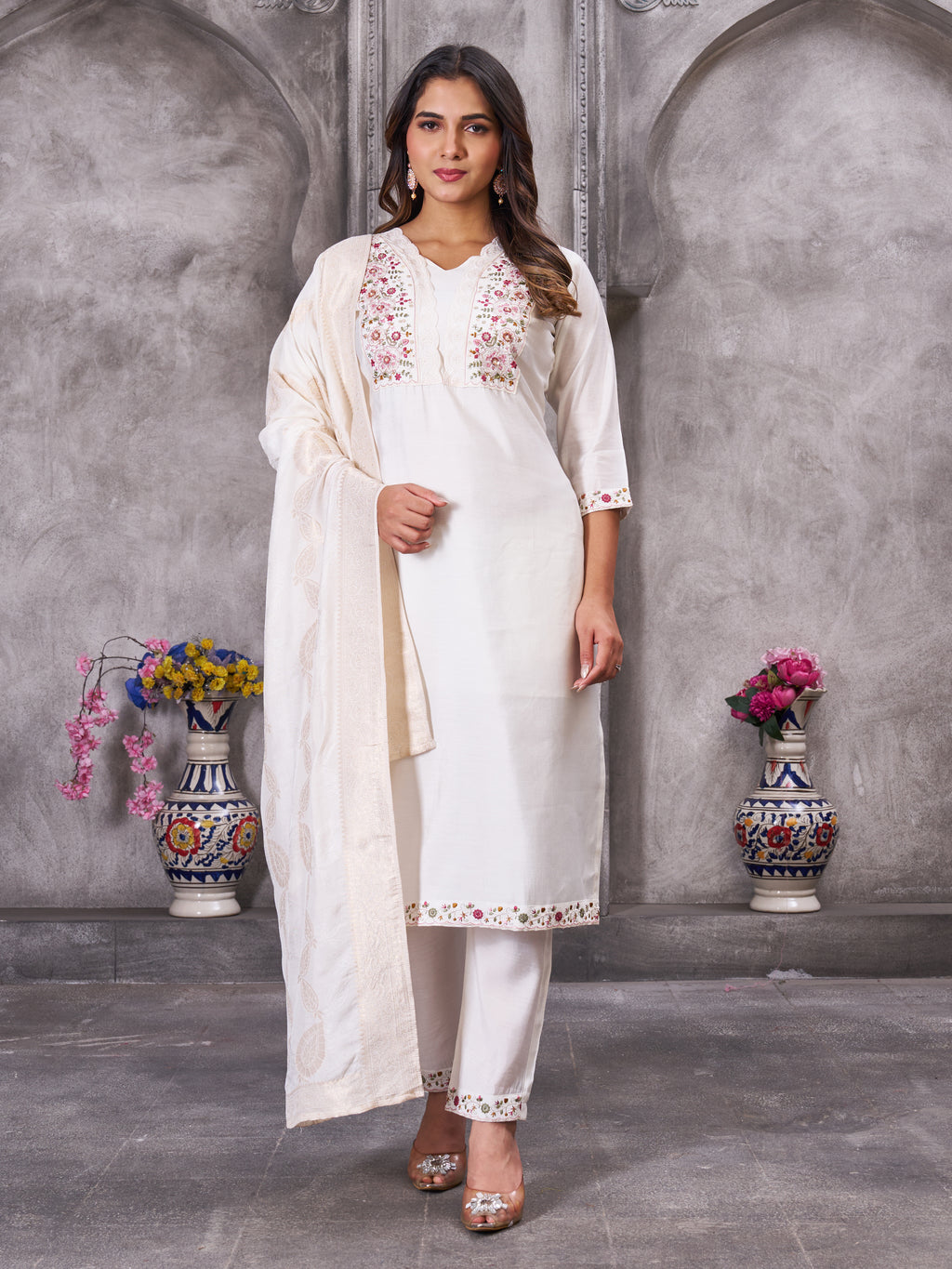 Elegant Straight Kurti Pant Dupatta Set of White