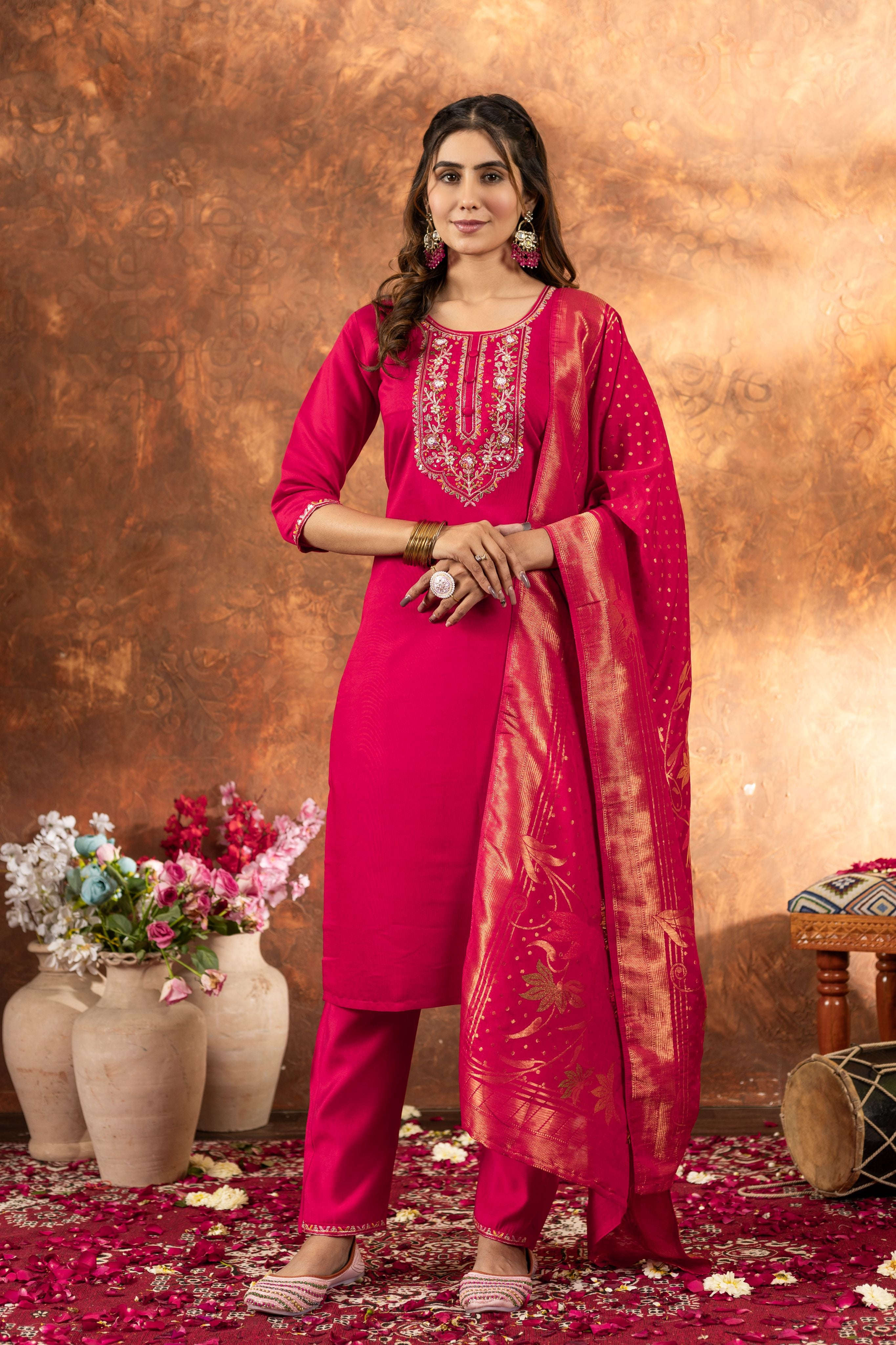 Elegant Straight Kurti Pant Dupatta Set - Pink Kalikar