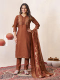 Elegant Straight Kurti Pant Dupatta Set of Coffee