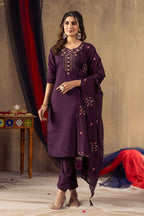 Elegant Straight Kurti Pant Dupatta Set KADV-106 - Wine Kalikar
