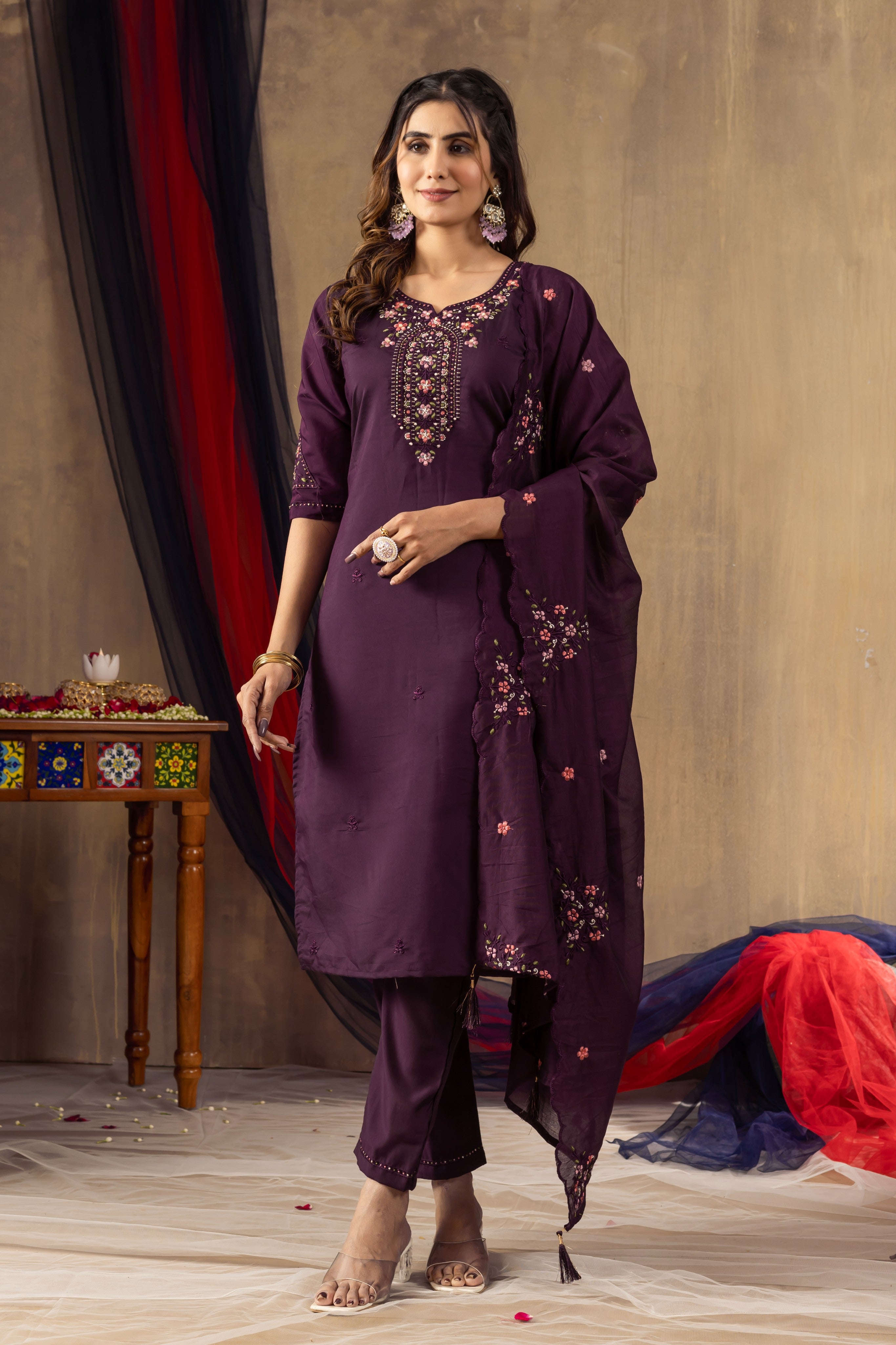 Elegant Straight Kurti Pant Dupatta Set KADV-106 - Wine Kalikar