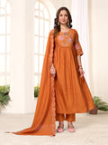 Elegant Straight Kurti Pant Dupatta Set of Rust
