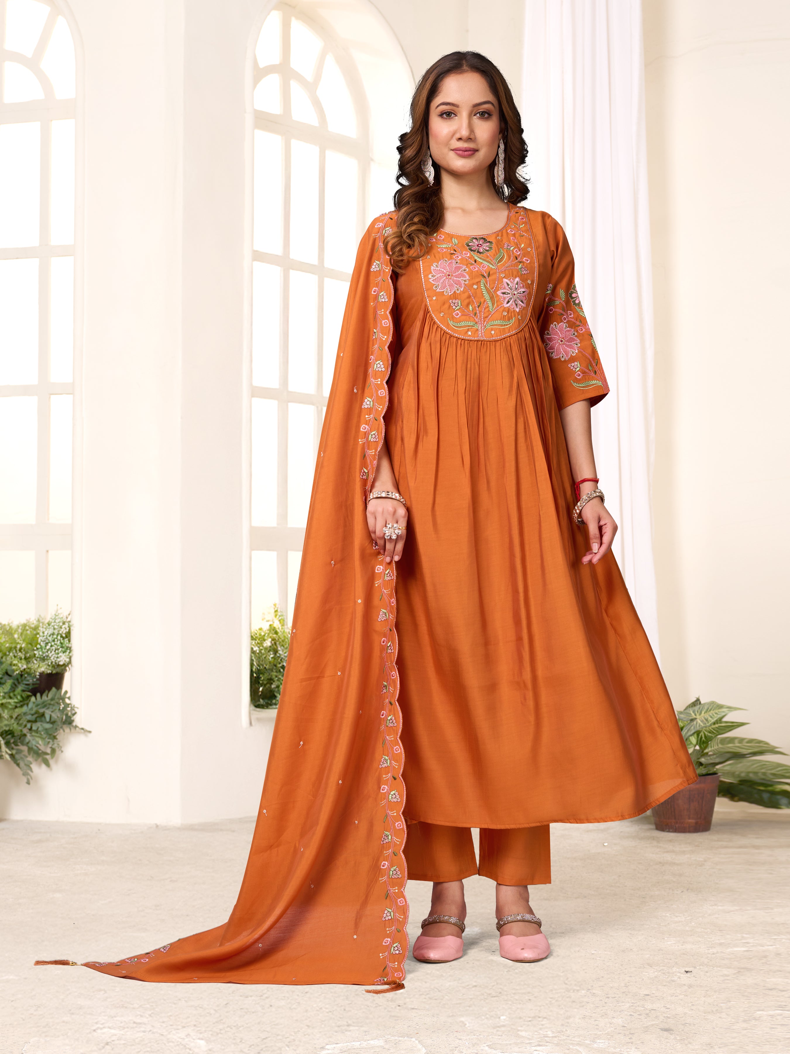 Elegant Straight Kurti Pant Dupatta Set of Rust