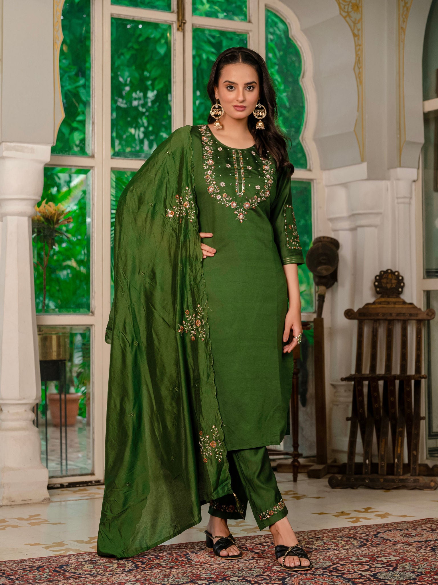 Elegant Straight Kurti Pant Dupatta Set KADV-116 - Mehndi Green Kalikar