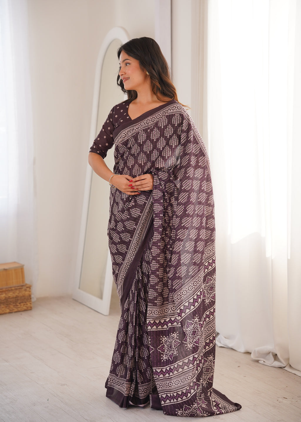 Designer Printed Pure Cotton Saree of Brown