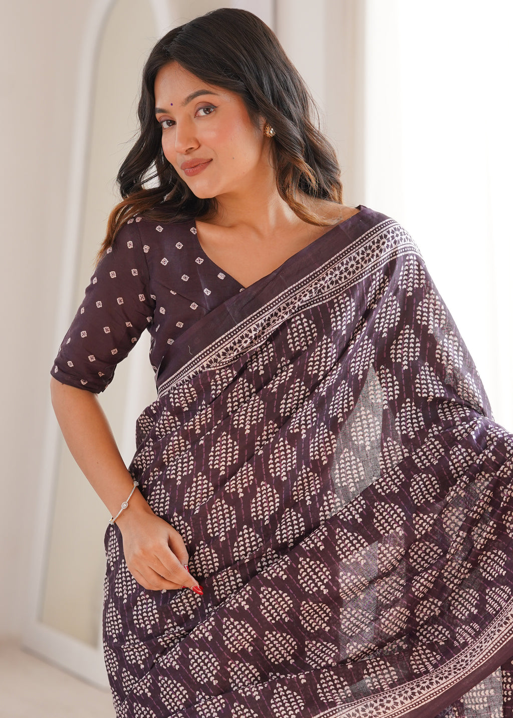 Designer Printed Pure Cotton Saree of Brown