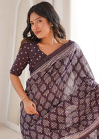 Designer Printed Pure Cotton Saree of Brown
