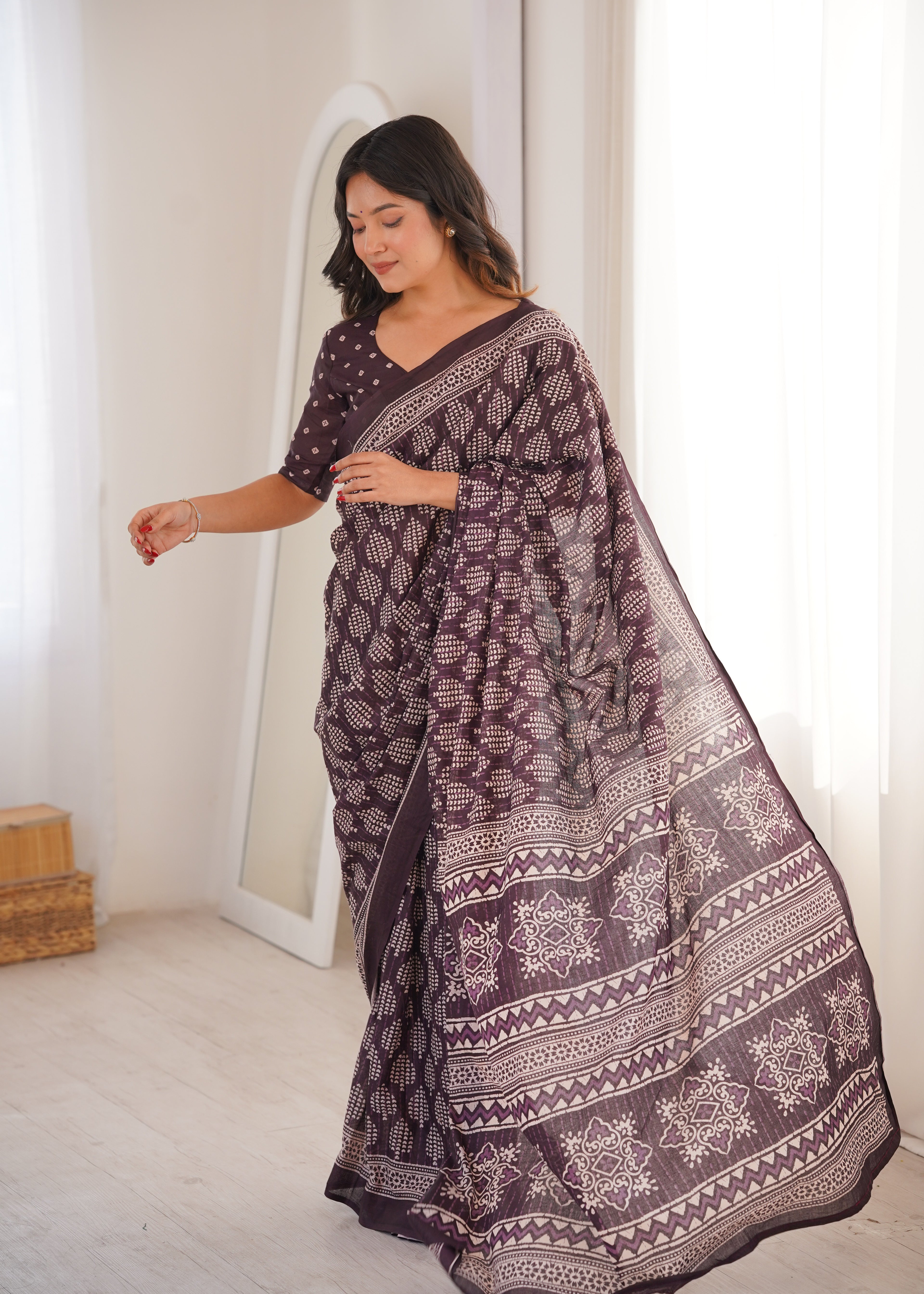 Designer Printed Pure Cotton Saree of Brown