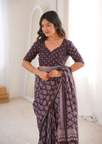 Designer Printed Pure Cotton Saree of Brown