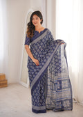 Designer Printed Pure Cotton Saree of Blue