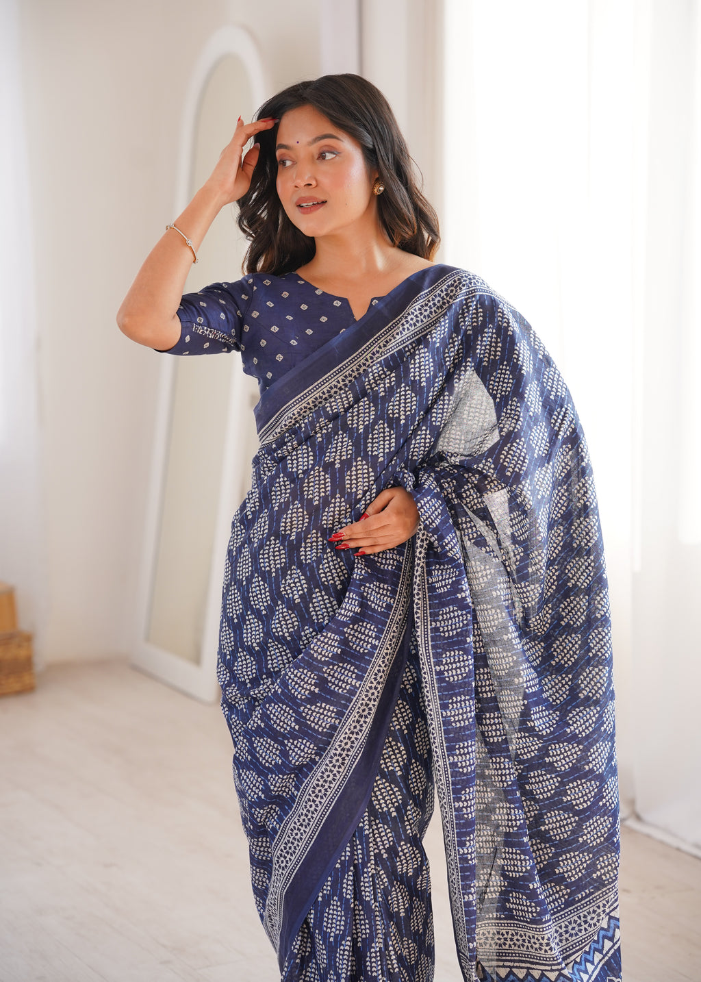 Designer Printed Pure Cotton Saree of Blue