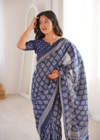 Designer Printed Pure Cotton Saree of Blue