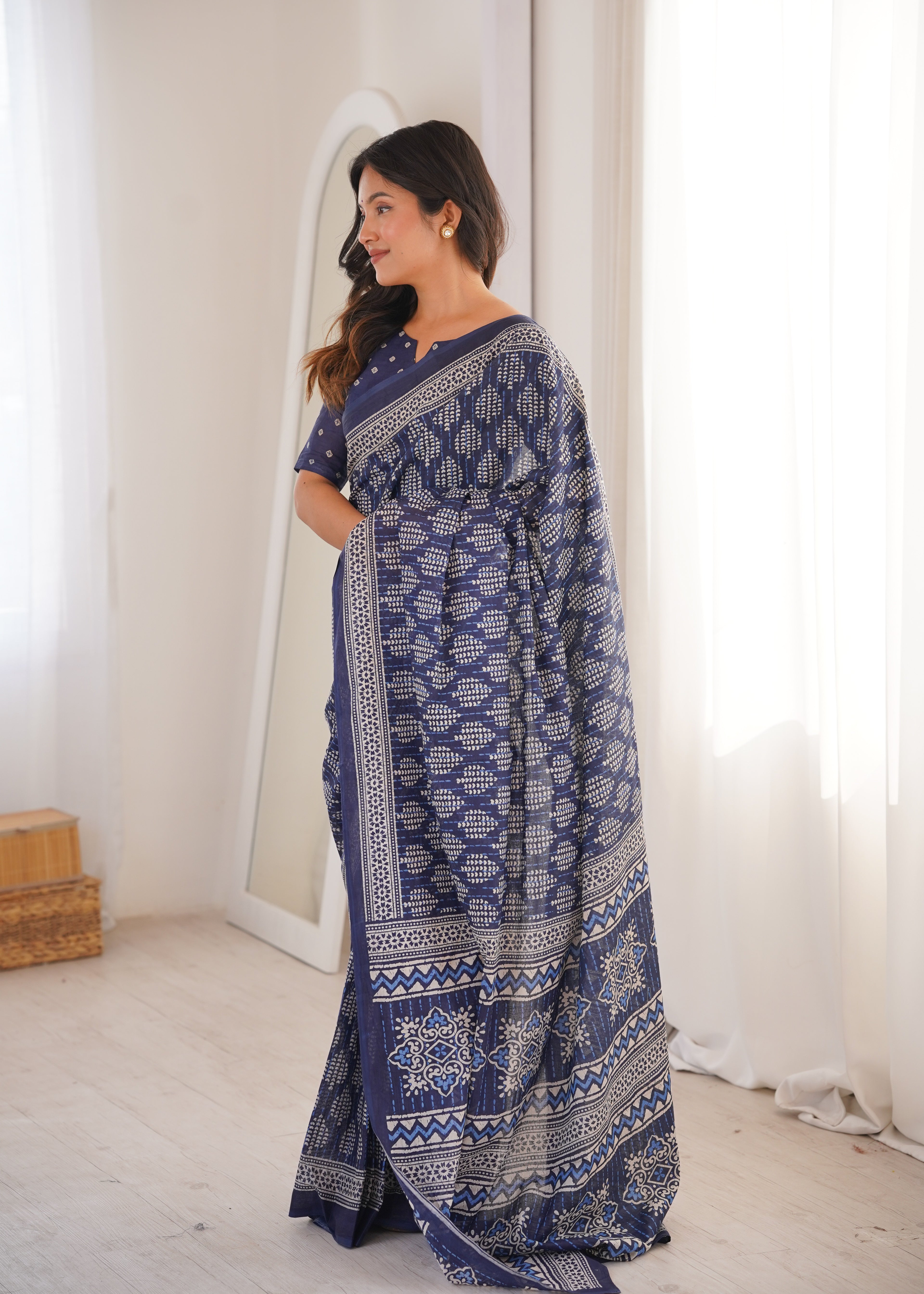 Designer Printed Pure Cotton Saree of Blue