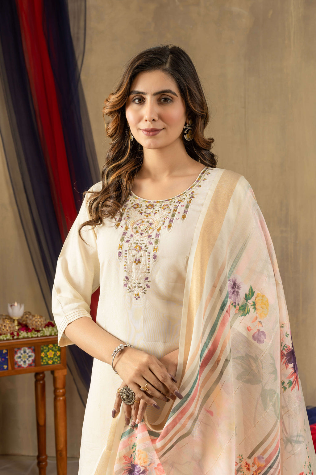 Elegant Straight Kurti Pant Dupatta Set KADV-109 - Off White Kalikar