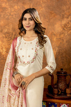 Elegant Straight Kurti Pant Dupatta Set-Off White Kalikar