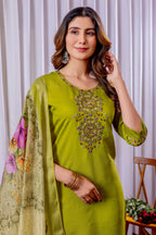 Elegant Straight Kurti Pant Dupatta Set KADV-111 -Parrot Green Kalikar