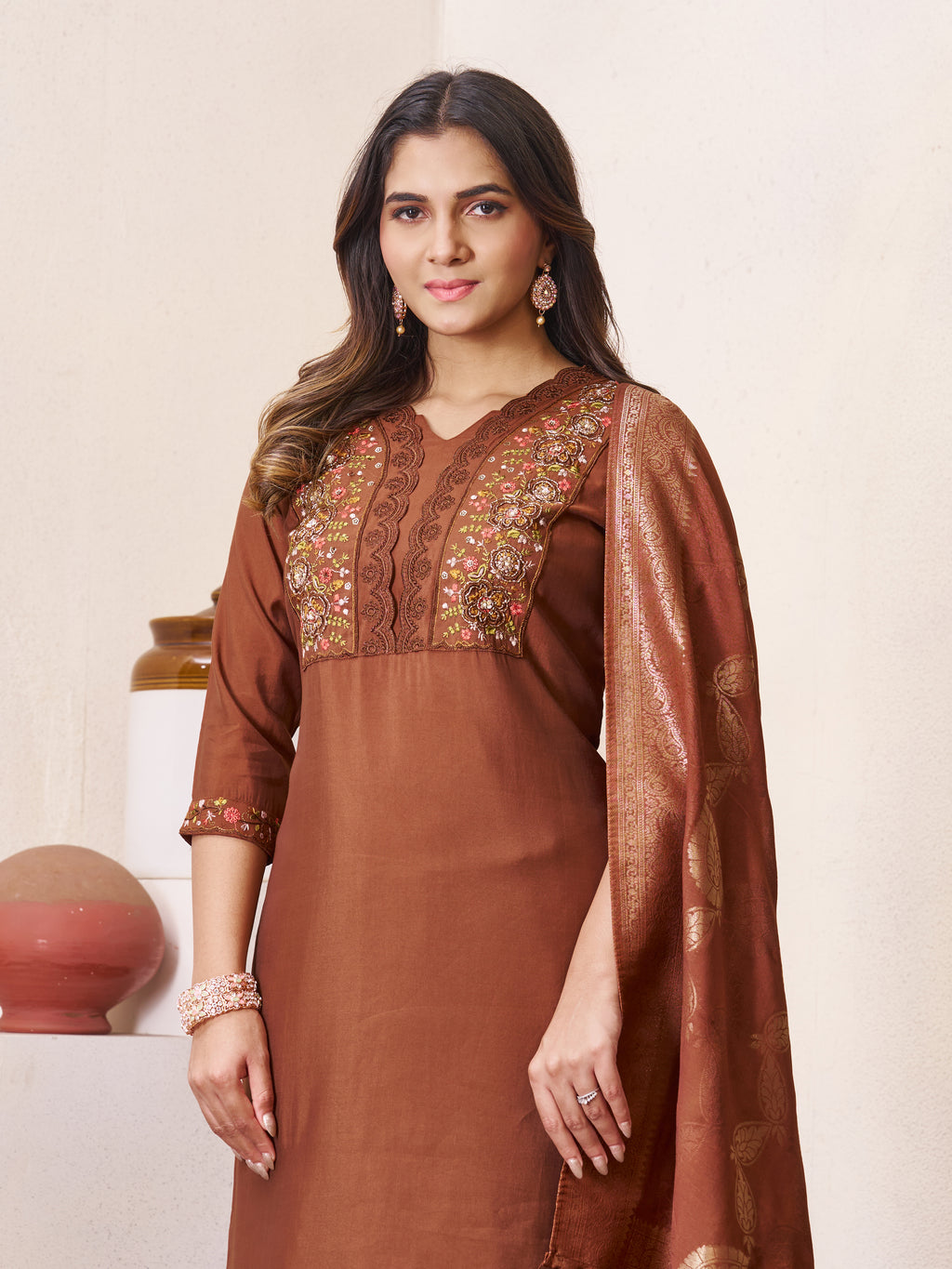 Elegant Straight Kurti Pant Dupatta Set of Coffee