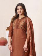 Elegant Straight Kurti Pant Dupatta Set of Coffee