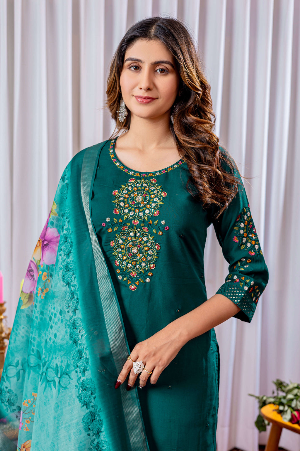 Elegant Straight Kurti Pant Dupatta Set KADV-111 -Green Kalikar