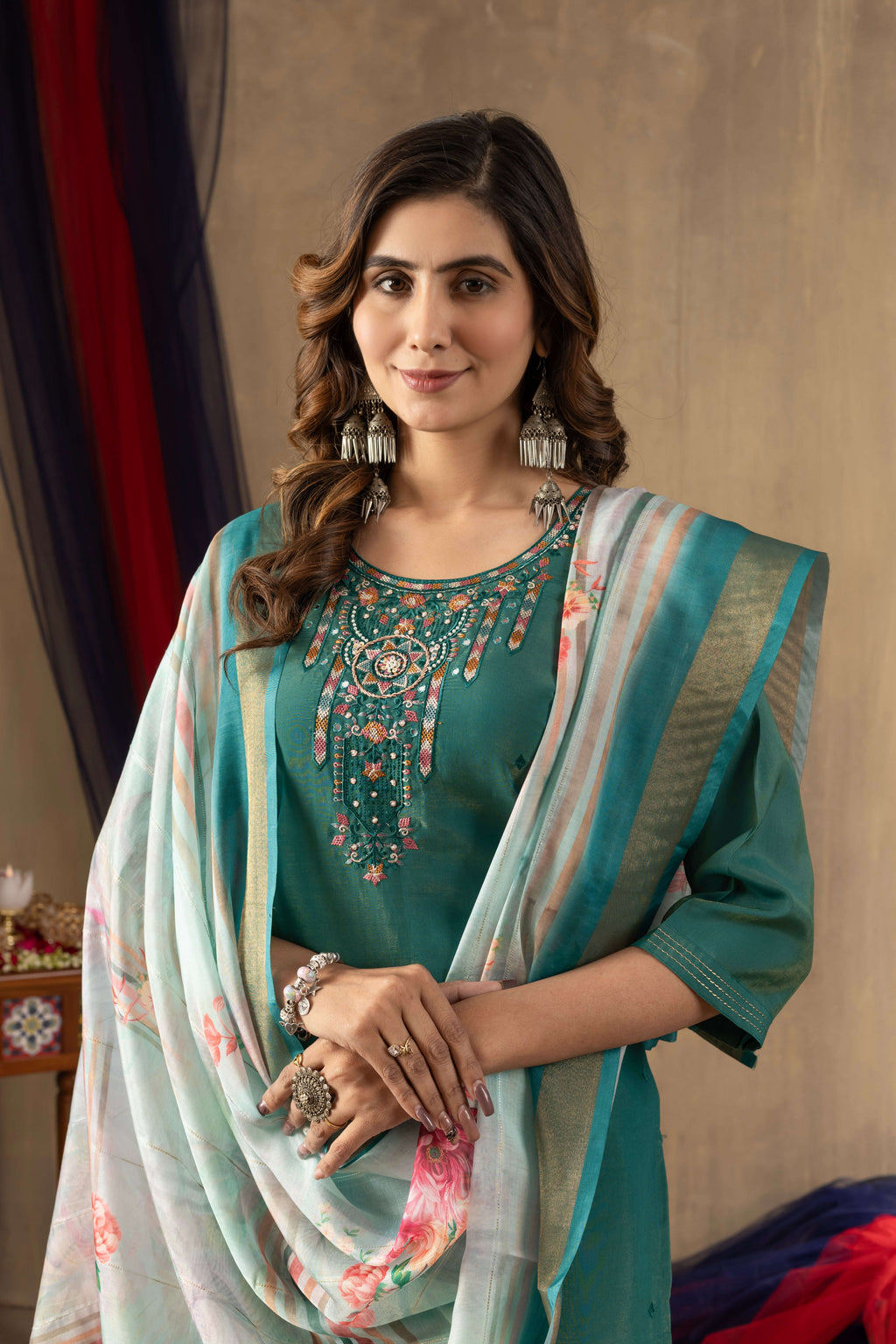 Elegant Straight Kurti Pant Dupatta Set KADV-109 - Rama Green Kalikar