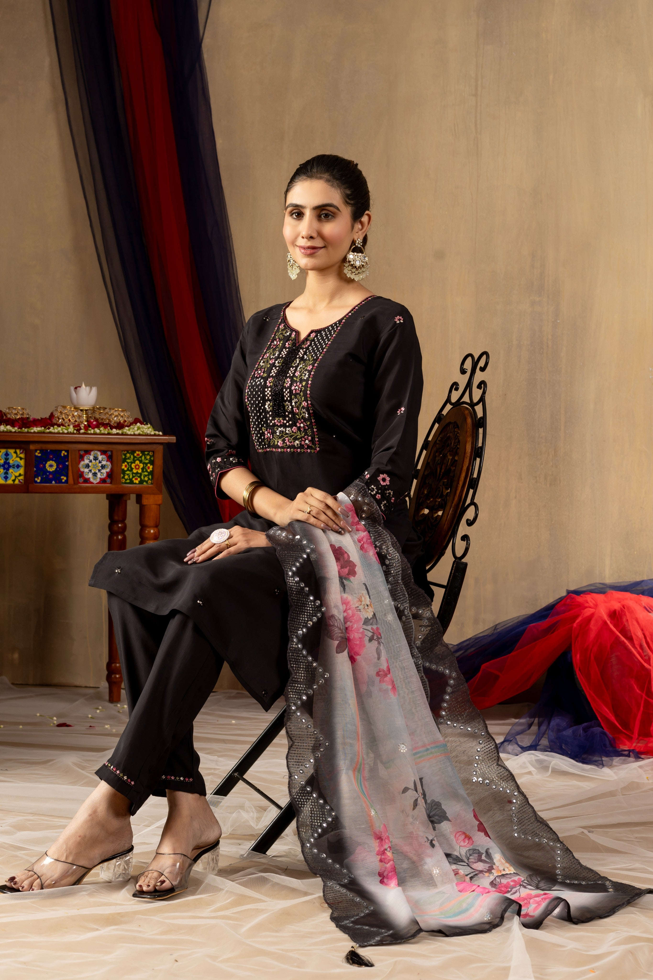 Elegant Straight Kurti Pant Dupatta Set KADV-108 - Black Kalikar