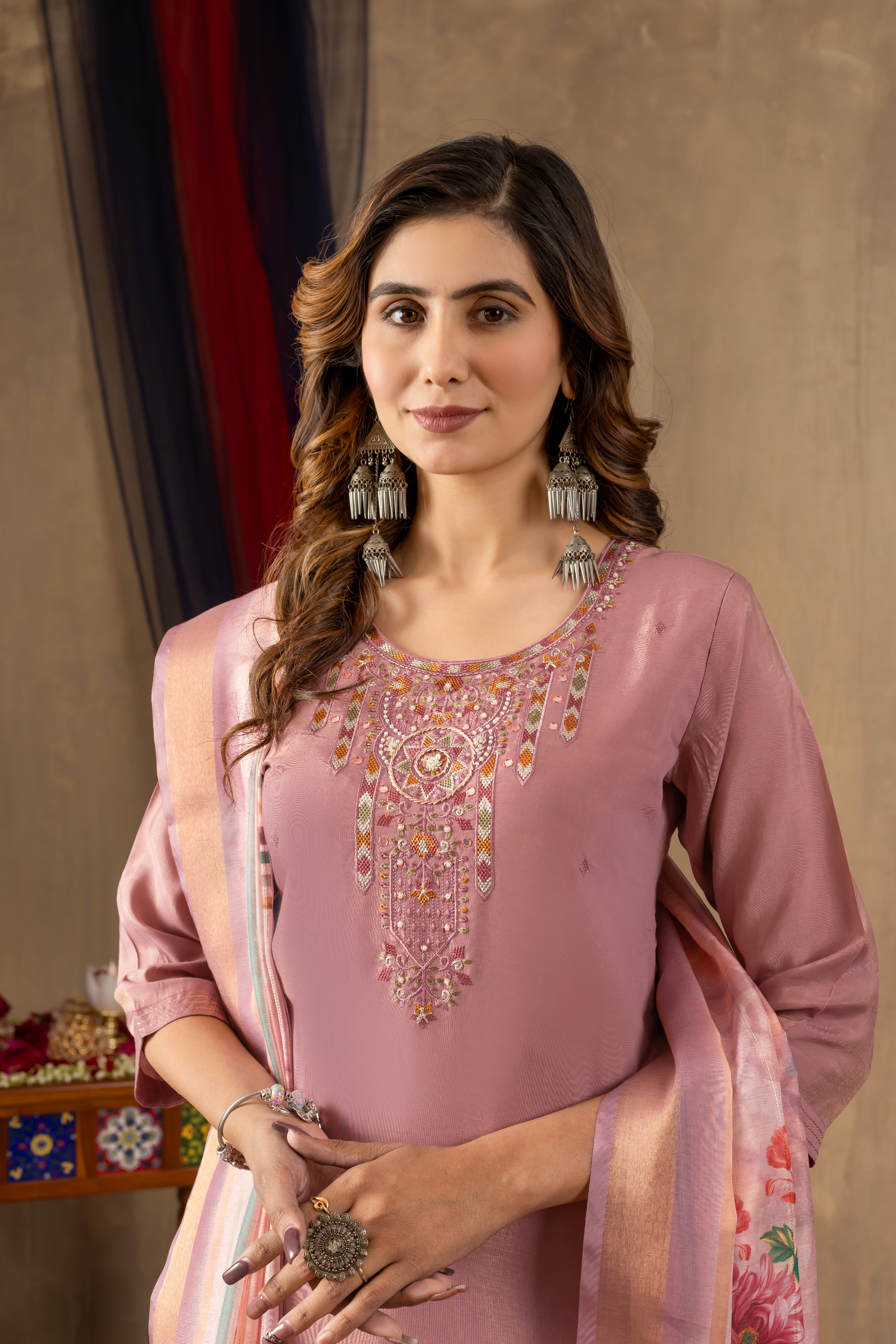 Elegant Straight Kurti Pant Dupatta Set KADV-109 - Onion Pink