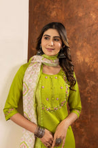 Elegant Straight Kurti Pant Dupatta Set - Parrot Green Kalikar