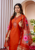 Elegant Straight Kurti Pant Dupatta Set of Orange