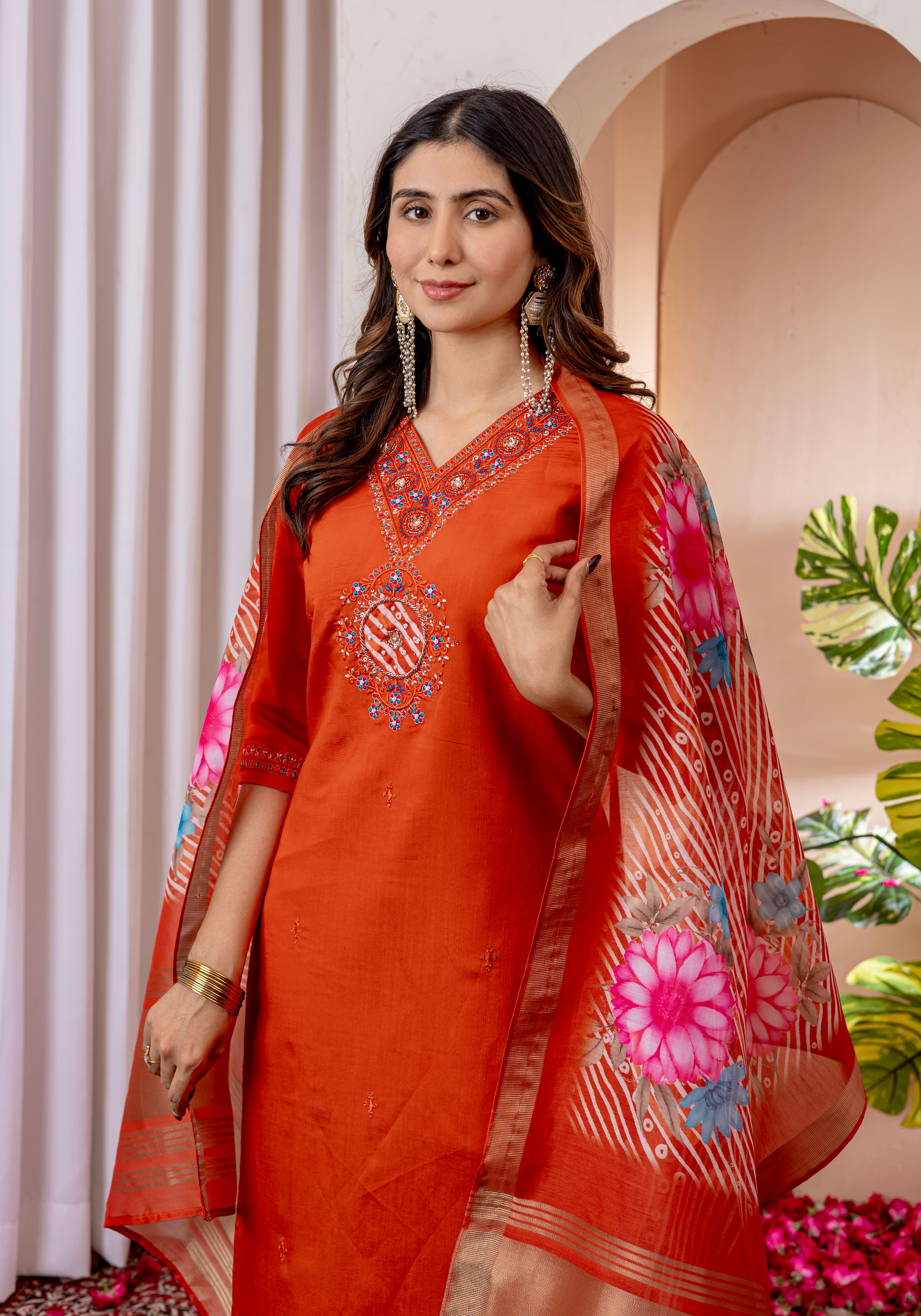 Elegant Straight Kurti Pant Dupatta Set of Orange