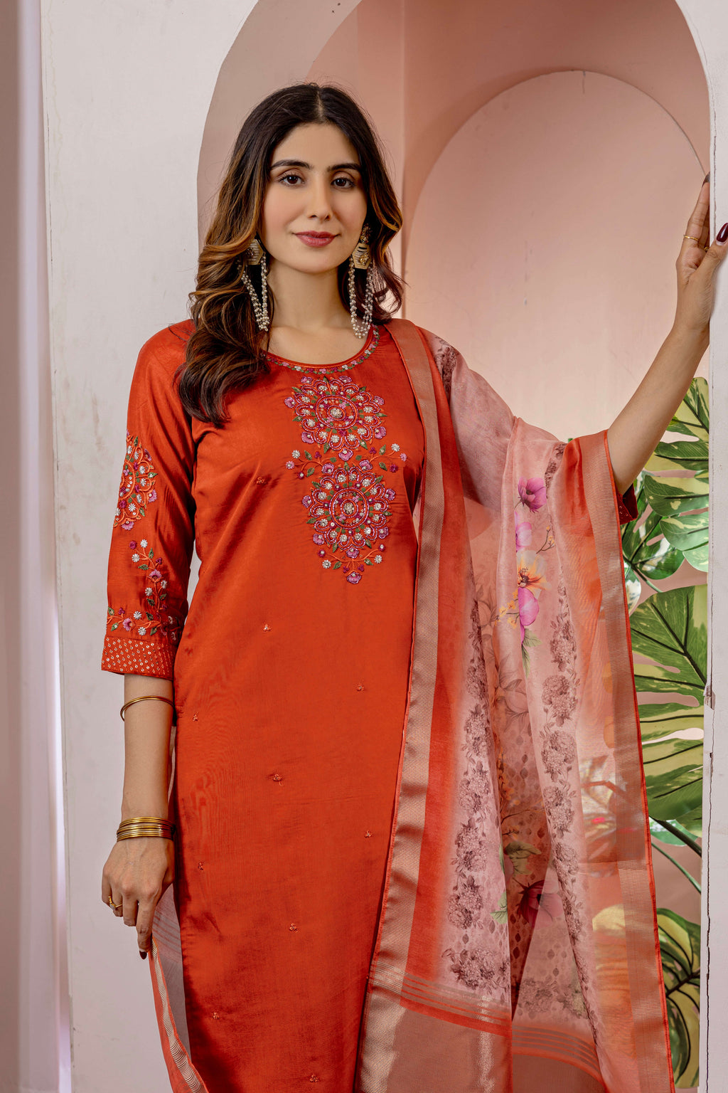 Elegant Straight Kurti Pant Dupatta Set KADV-111 -Orange Kalikar