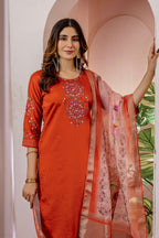 Elegant Straight Kurti Pant Dupatta Set KADV-111 -Orange Kalikar