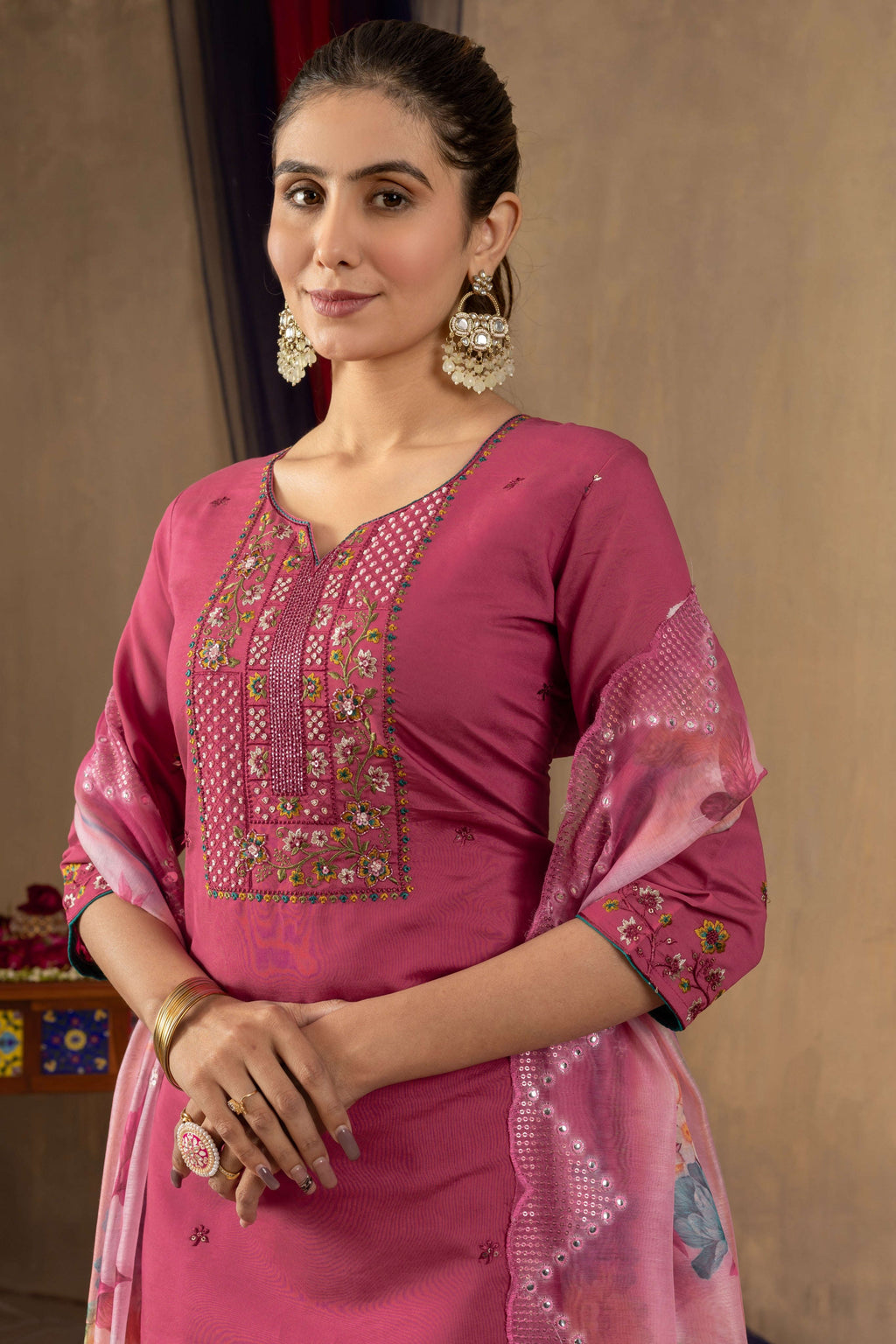 Elegant Straight Kurti Pant Dupatta Set KADV-108 - Pink Kalikar