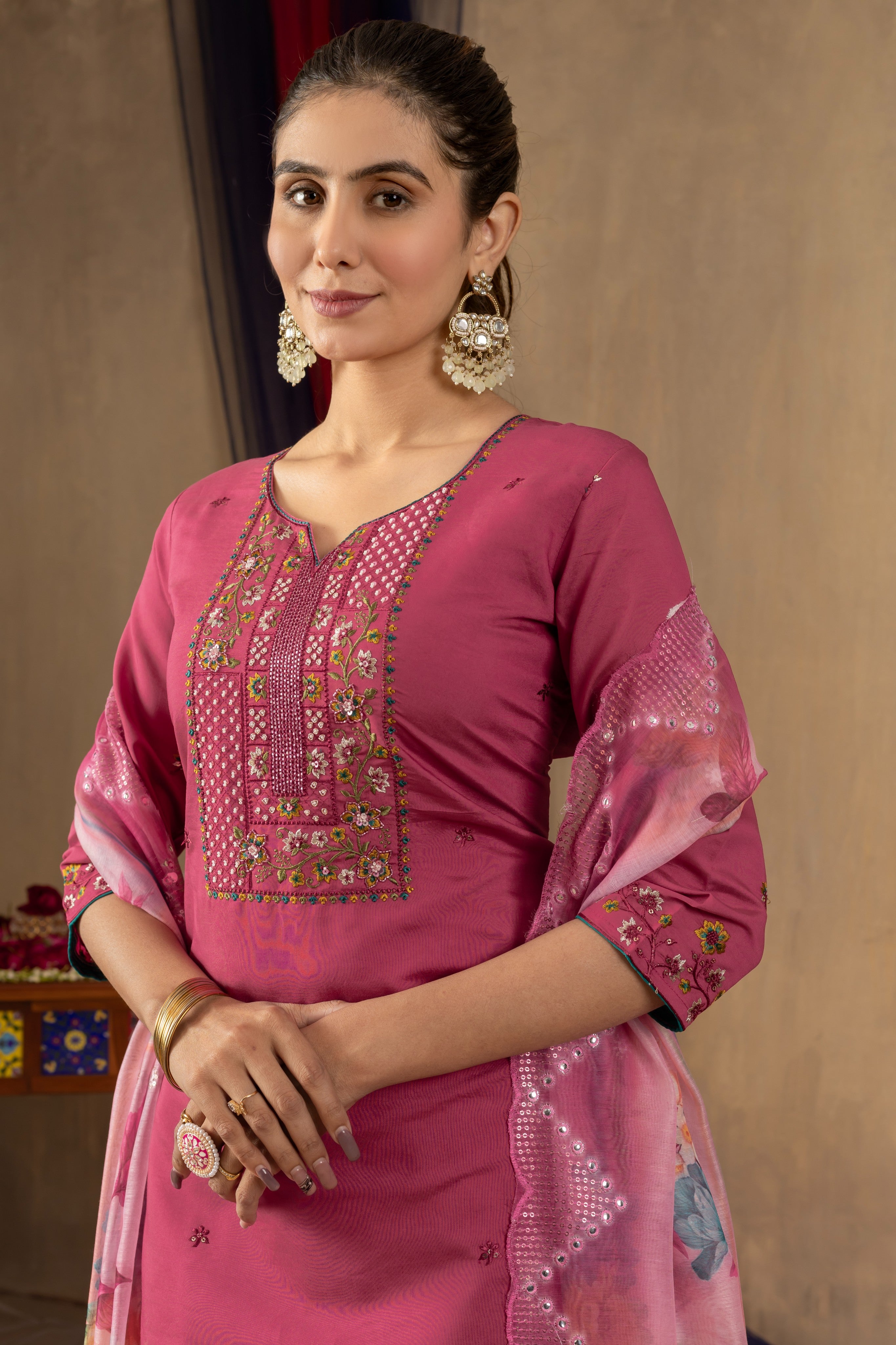 Elegant Straight Kurti Pant Dupatta Set KADV-108 - Pink