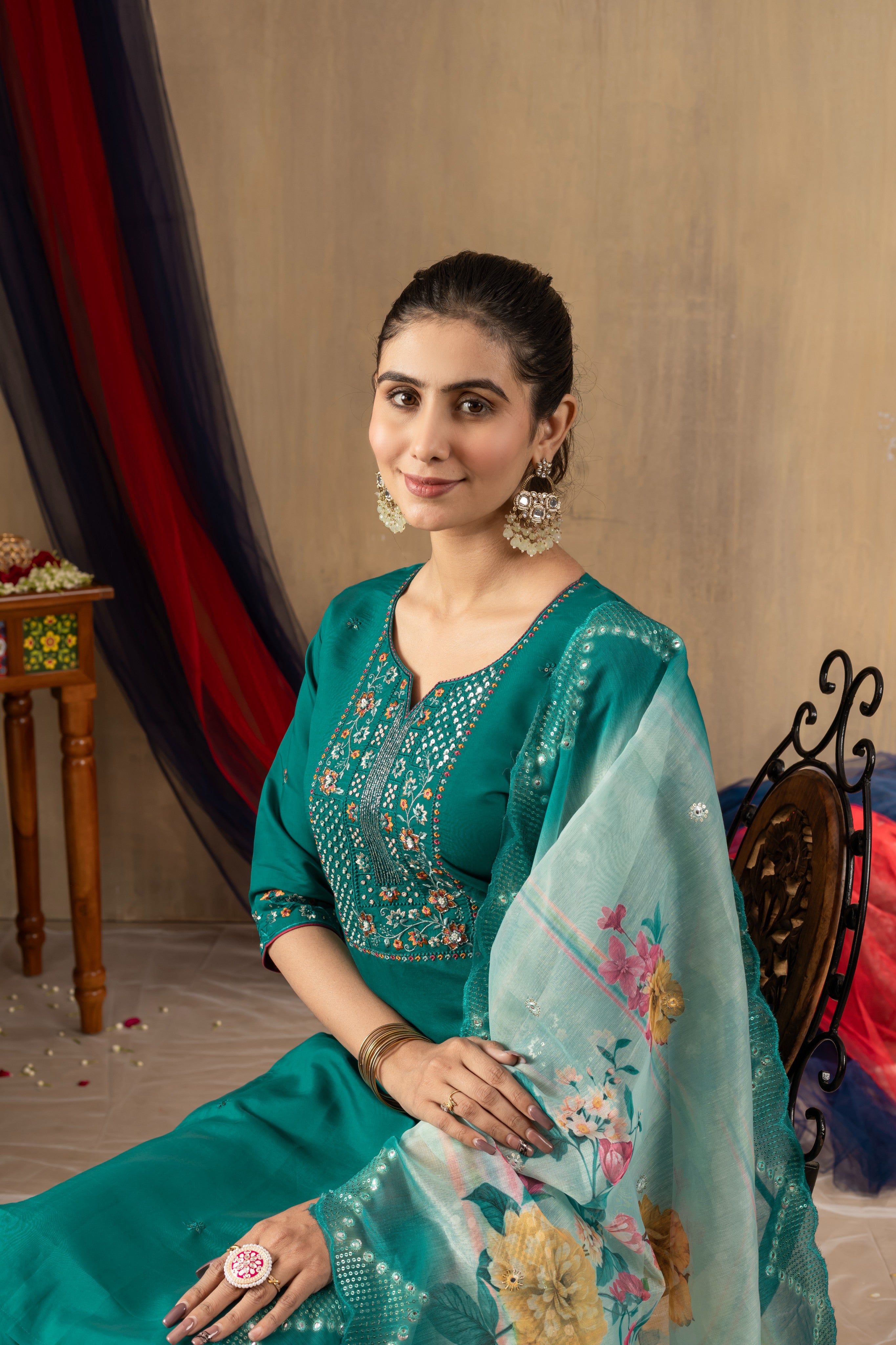 Elegant Straight Kurti Pant Dupatta Set KADV-108 - Rama Green