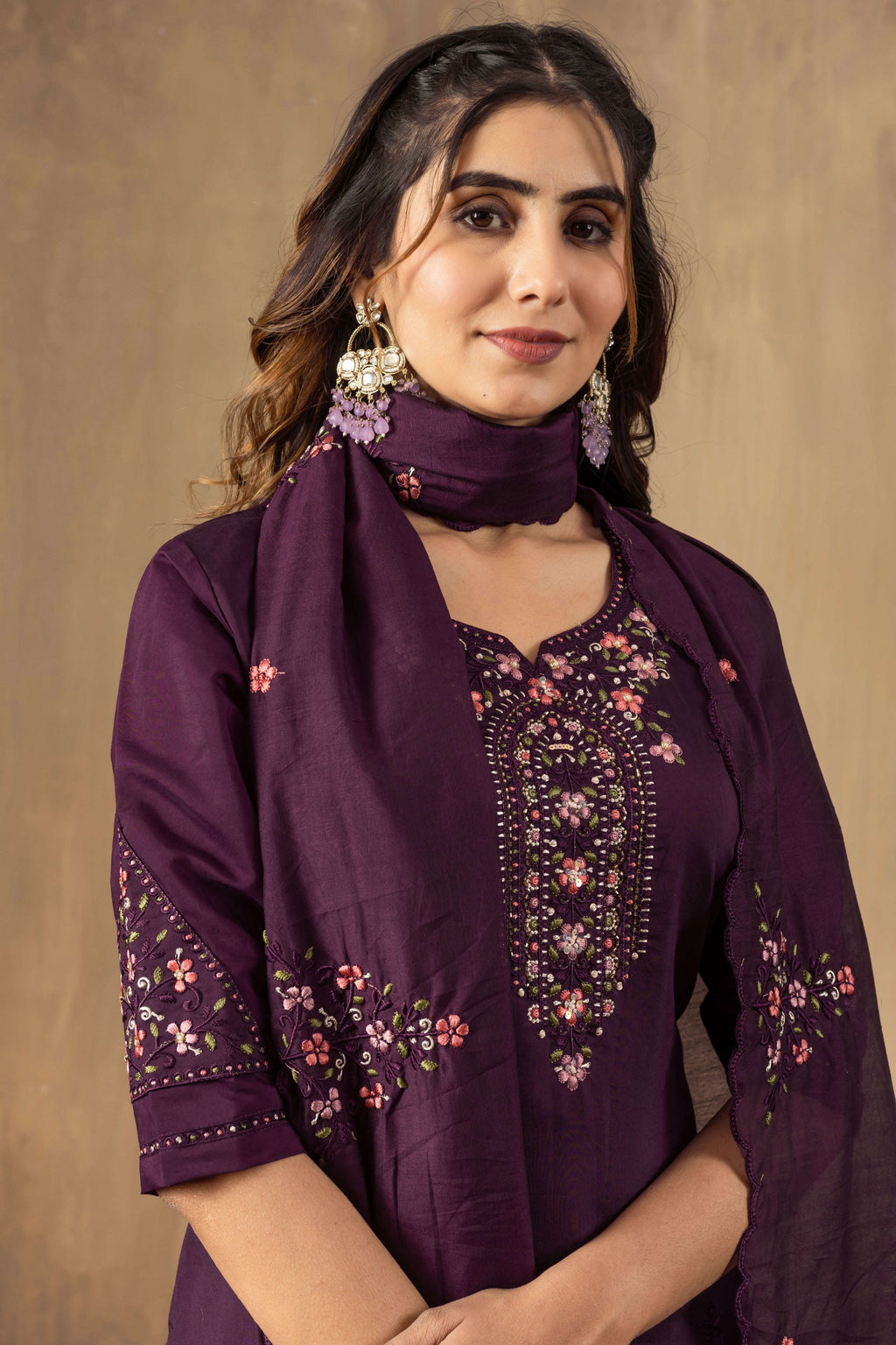 Elegant Straight Kurti Pant Dupatta Set KADV-106 - Wine Kalikar